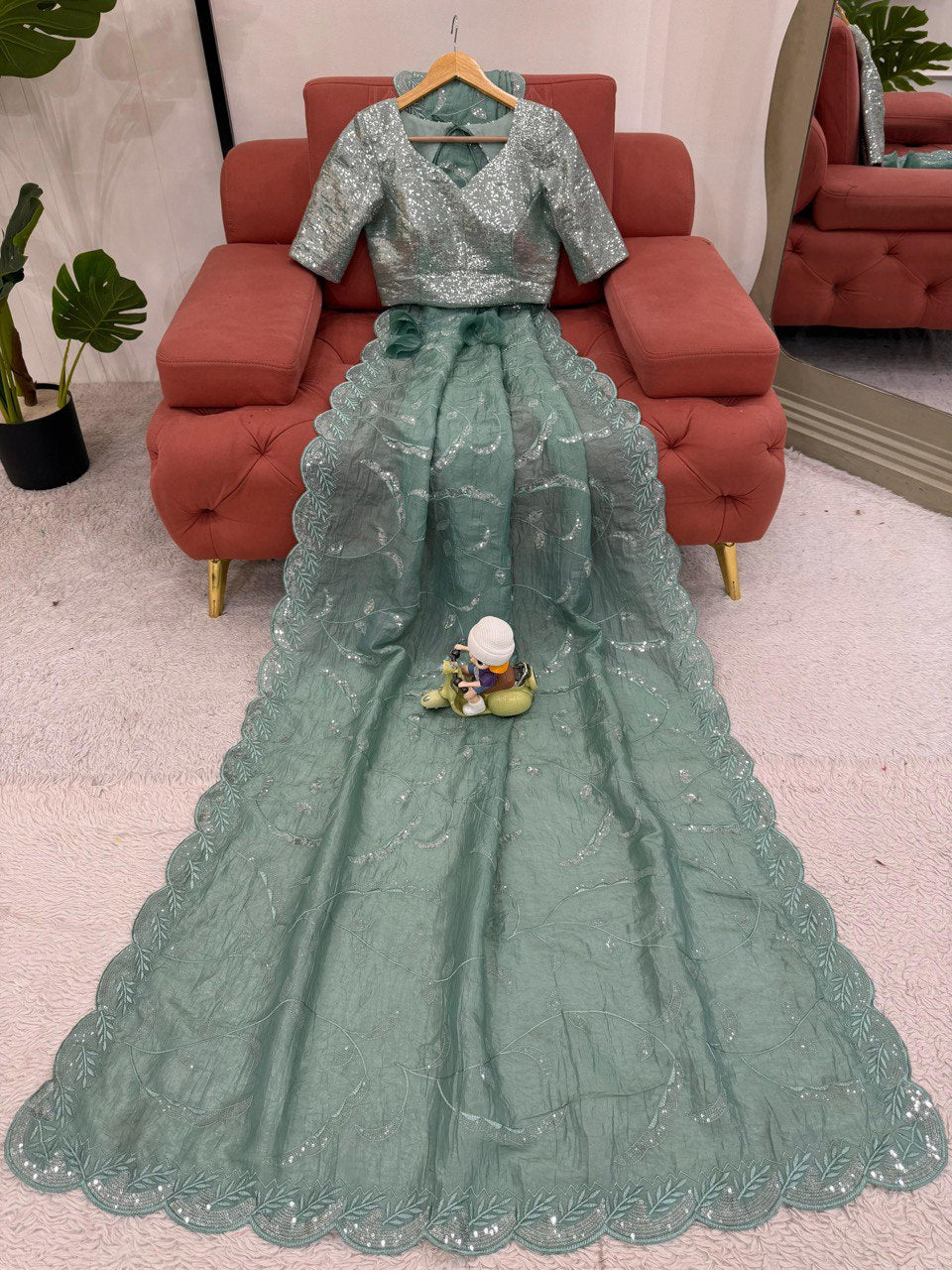 Party Wear Aqua Green Color Gold Crush and Sequence Work Saree