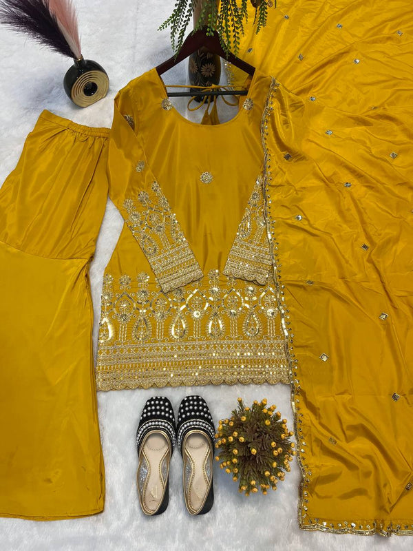 Reception Wear Mustard Color Heavy Natural Crepe Silk With Embroidery Sequence Work Sharara Suit