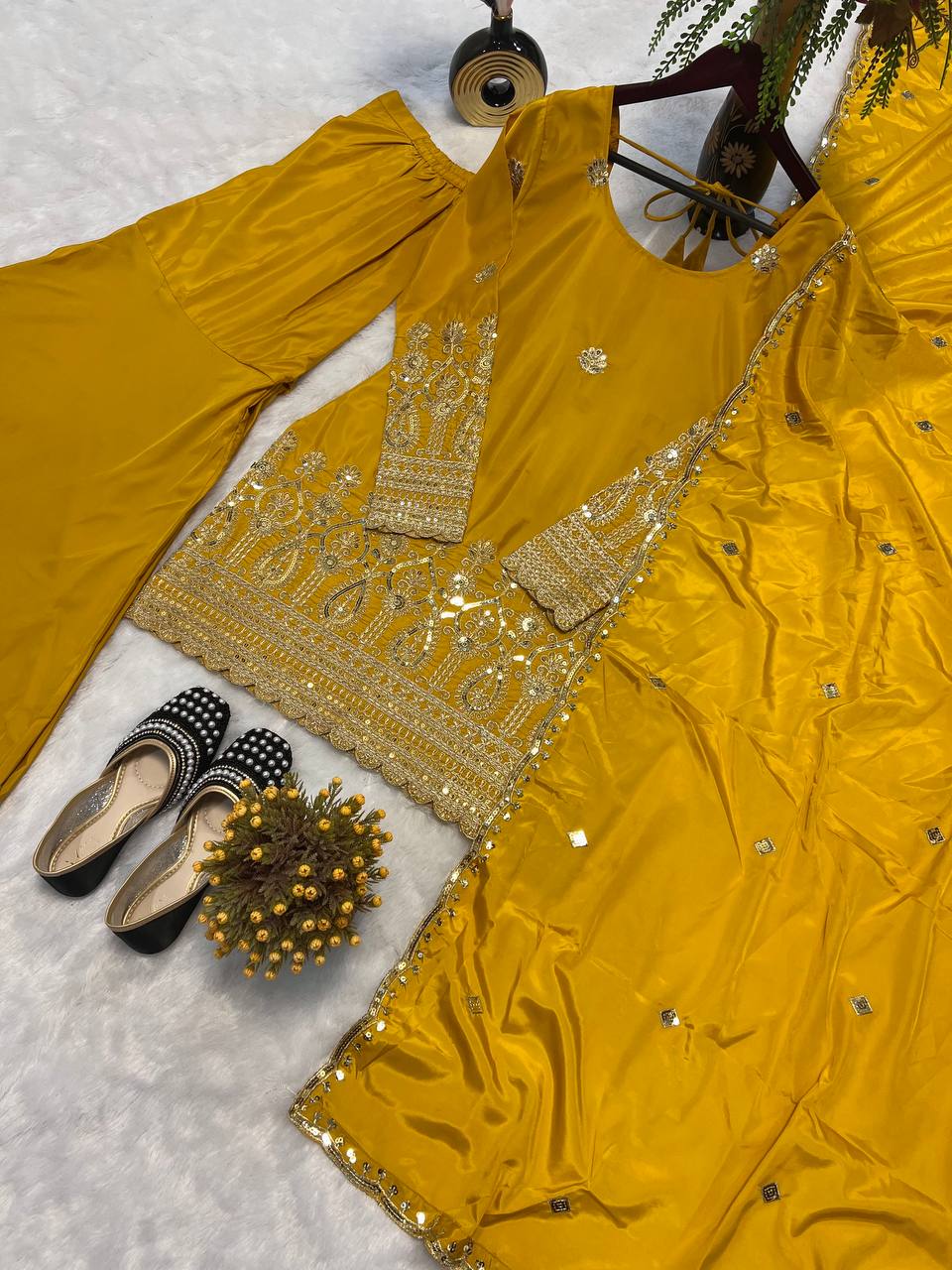 Reception Wear Mustard Color Heavy Natural Crepe Silk With Embroidery Sequence Work Sharara Suit