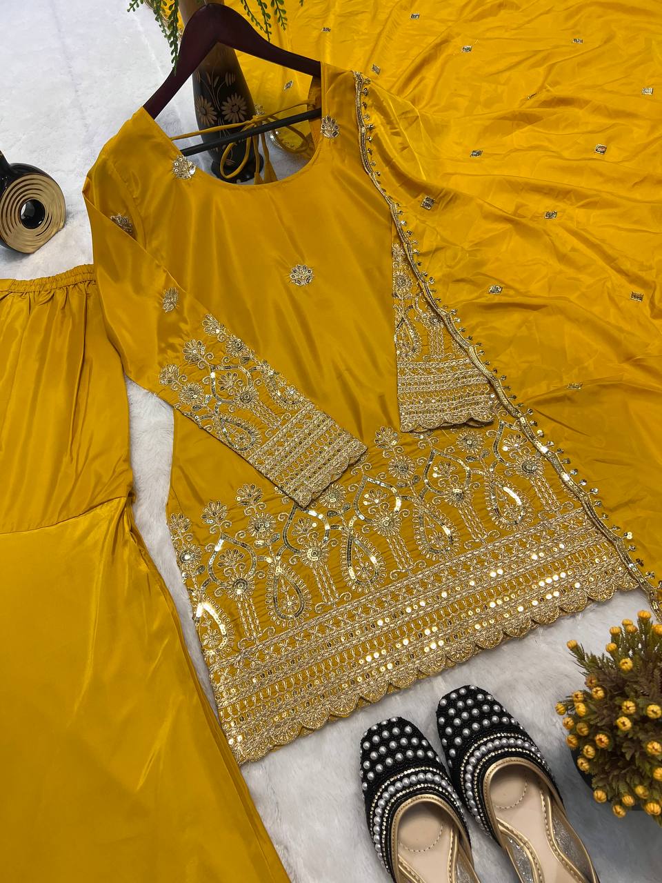 Reception Wear Mustard Color Heavy Natural Crepe Silk With Embroidery Sequence Work Sharara Suit