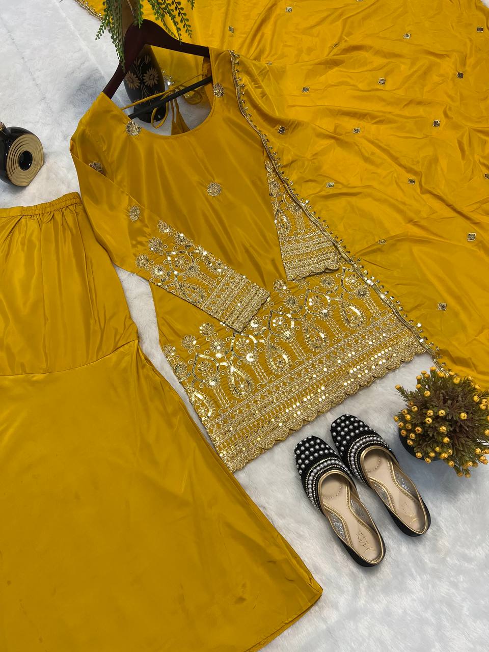 Reception Wear Mustard Color Heavy Natural Crepe Silk With Embroidery Sequence Work Sharara Suit