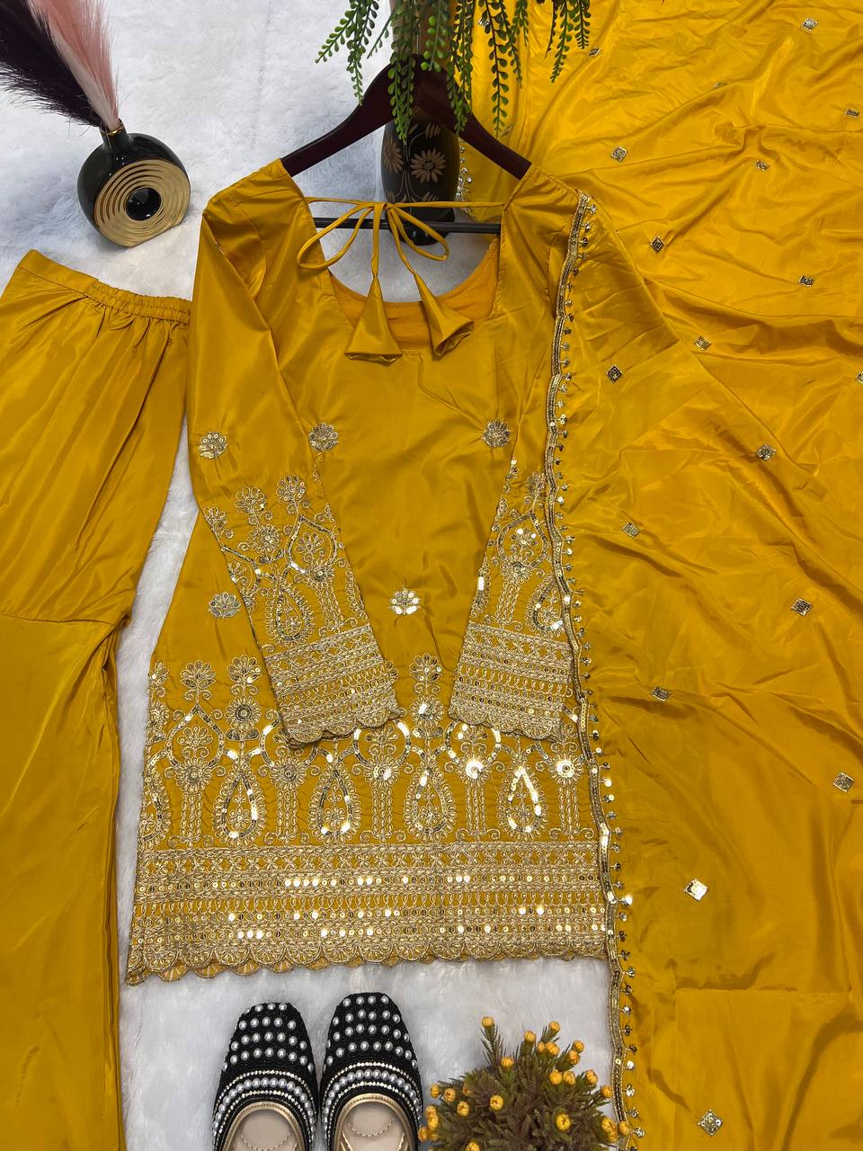 Reception Wear Mustard Color Heavy Natural Crepe Silk With Embroidery Sequence Work Sharara Suit