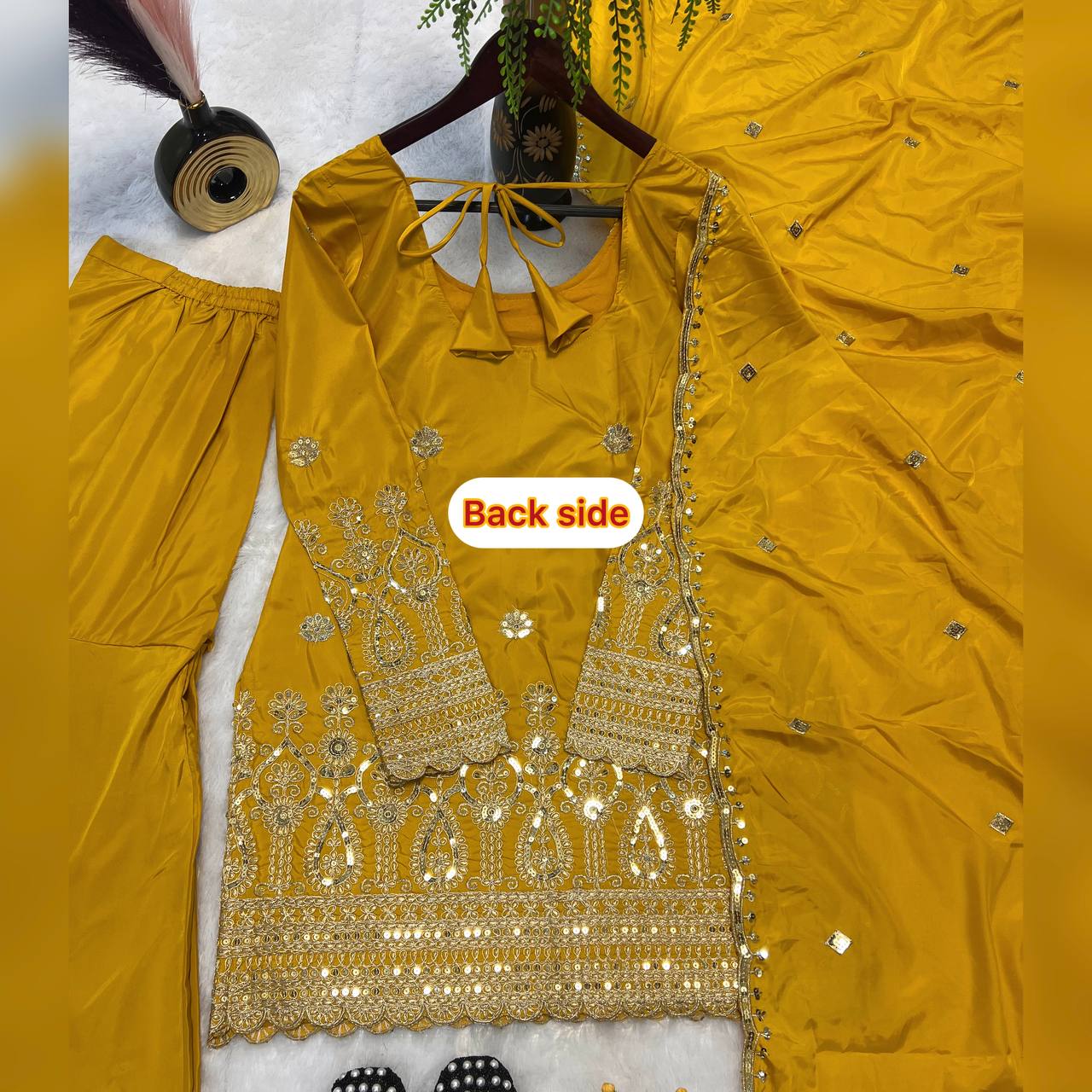 Reception Wear Mustard Color Heavy Natural Crepe Silk With Embroidery Sequence Work Sharara Suit
