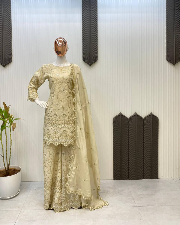 Wedding Wear Cream Color Chinon With Sequence Embroidery Work Designer Sharara Suit