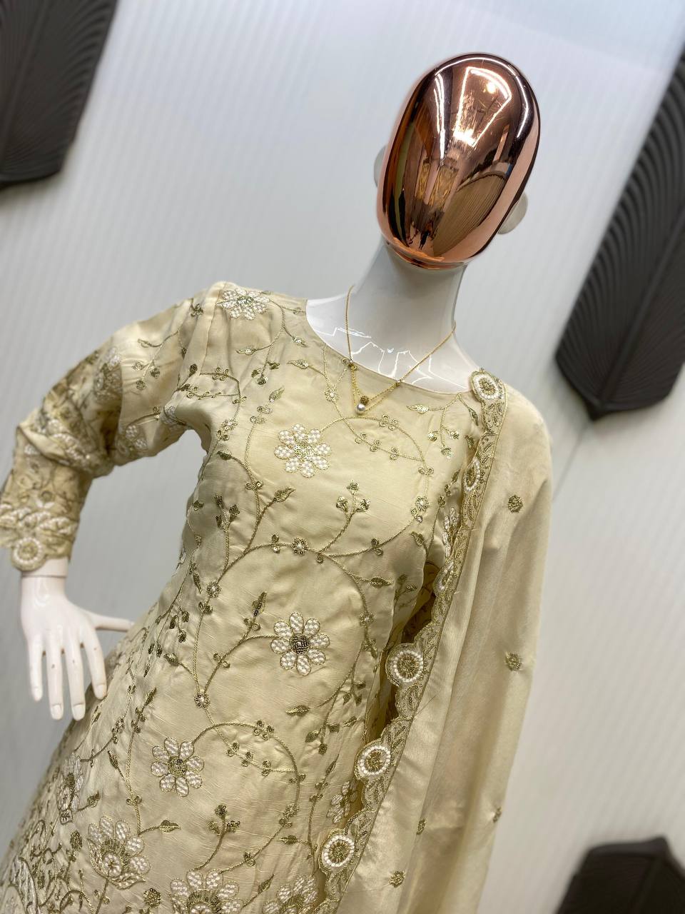 Wedding Wear Cream Color Chinon With Sequence Embroidery Work Designer Sharara Suit