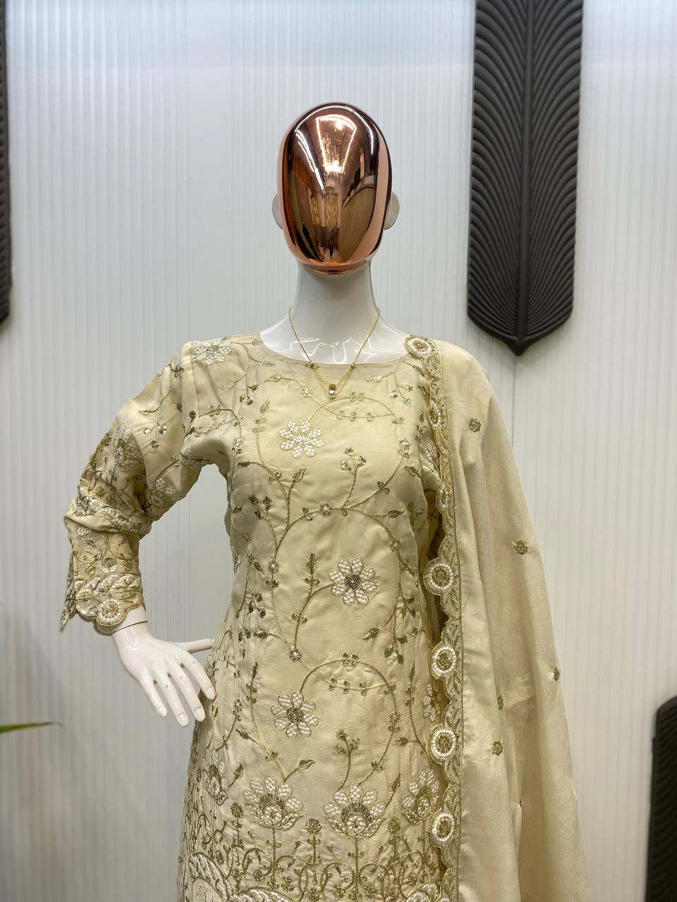 Wedding Wear Cream Color Chinon With Sequence Embroidery Work Designer Sharara Suit