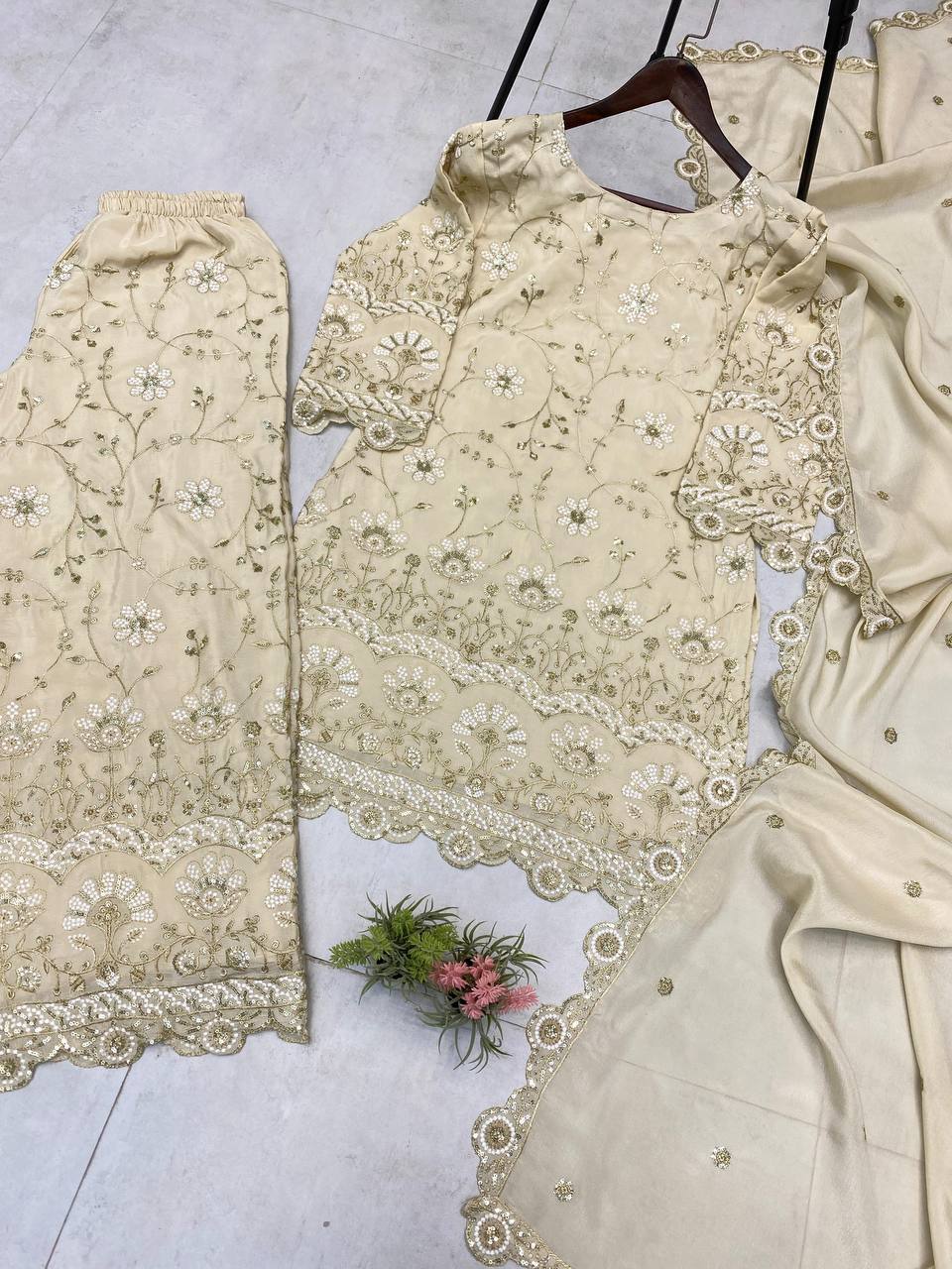 Wedding Wear Cream Color Chinon With Sequence Embroidery Work Designer Sharara Suit
