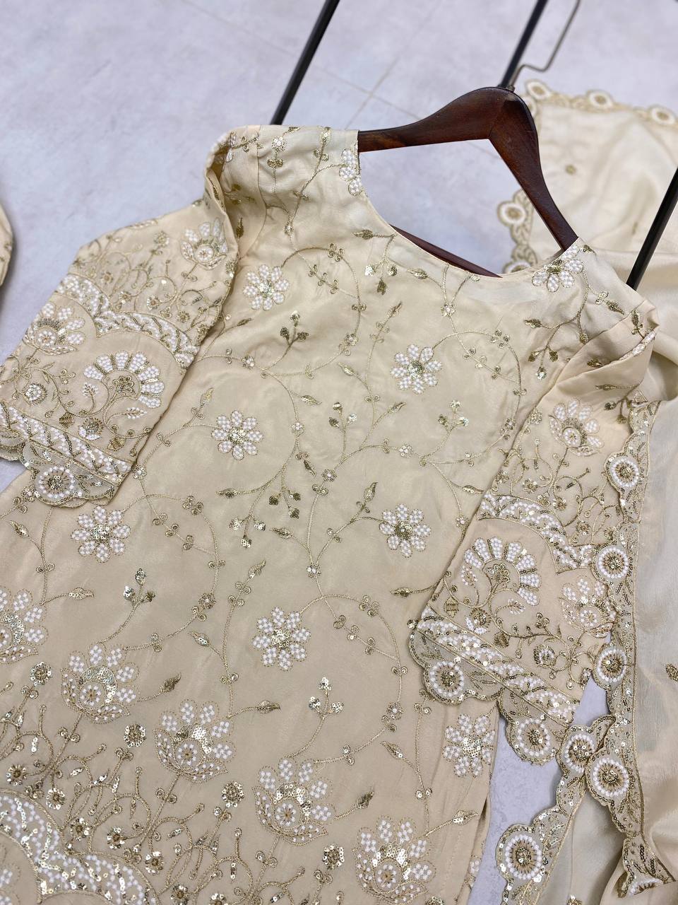Wedding Wear Cream Color Chinon With Sequence Embroidery Work Designer Sharara Suit