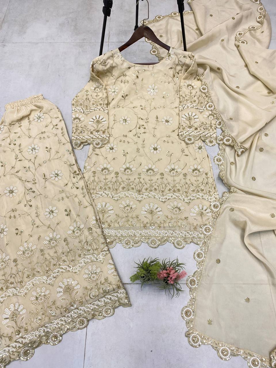 Wedding Wear Cream Color Chinon With Sequence Embroidery Work Designer Sharara Suit