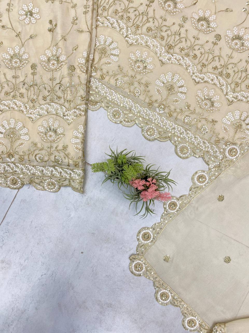 Wedding Wear Cream Color Chinon With Sequence Embroidery Work Designer Sharara Suit
