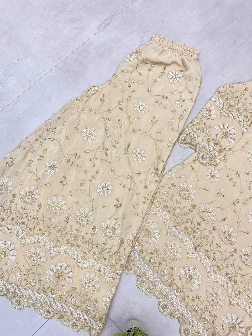 Wedding Wear Cream Color Chinon With Sequence Embroidery Work Designer Sharara Suit