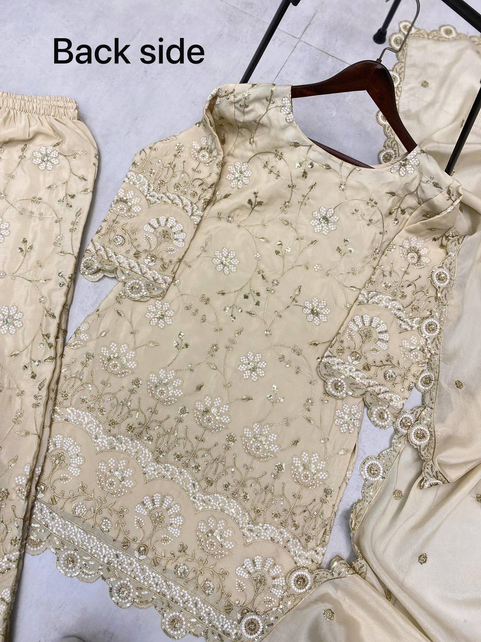 Wedding Wear Cream Color Chinon With Sequence Embroidery Work Designer Sharara Suit