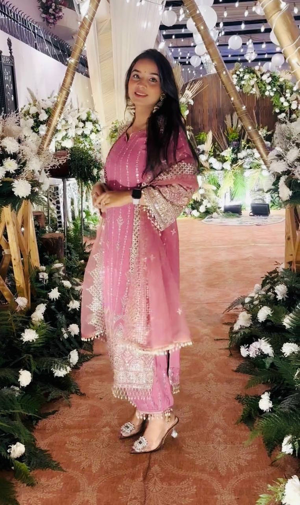 Dazzling Baby Pink Color Heavy Faux Georgette With Embroidery Sequences Work Salwar Suit