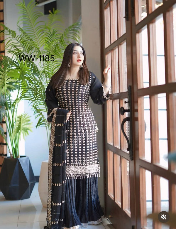 Traditional Wear Black Color Pure Fox Georgette With Heavy Embroidery Sequence Work Sharara Suit