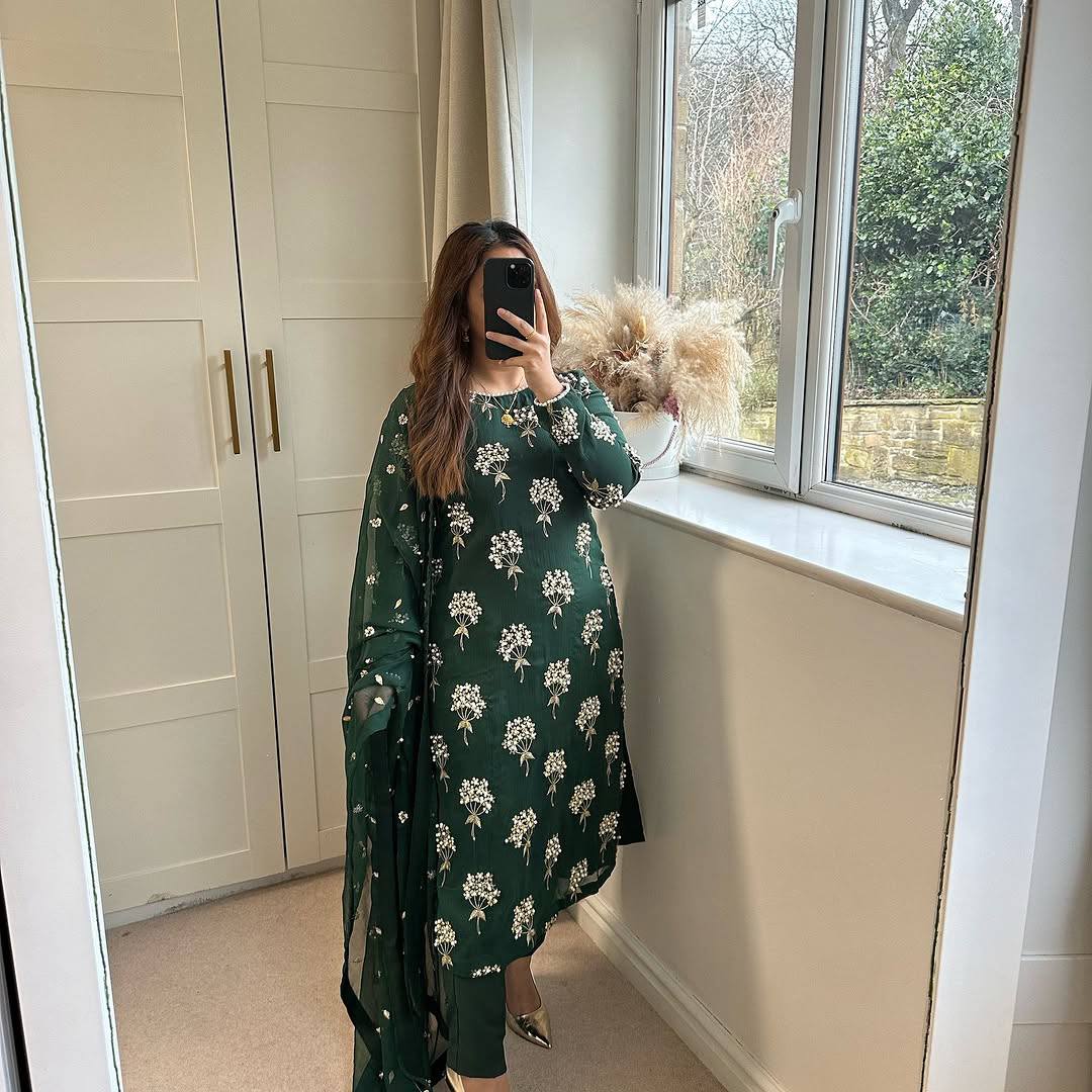 Beautiful Green Heavy Chinon Fabric With Embroidery 5mm Sequence Work Salwar Suit