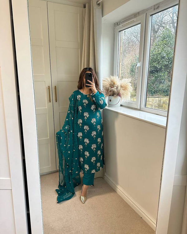Beautiful Teal Color Heavy Chinon Fabric With Embroidery 5mm Sequence Work Salwar Suit