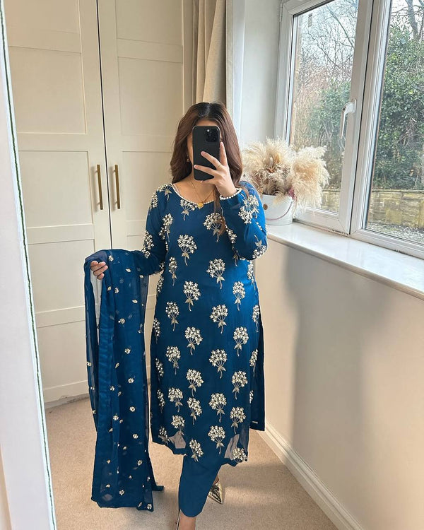 Beautiful Blue Color Heavy Chinon Fabric With Embroidery 5mm Sequence Work Salwar Suit