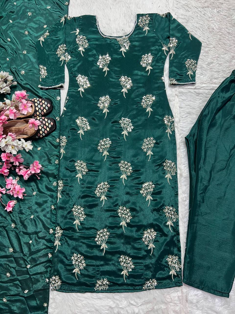 Beautiful Green Heavy Chinon Fabric With Embroidery 5mm Sequence Work Salwar Suit