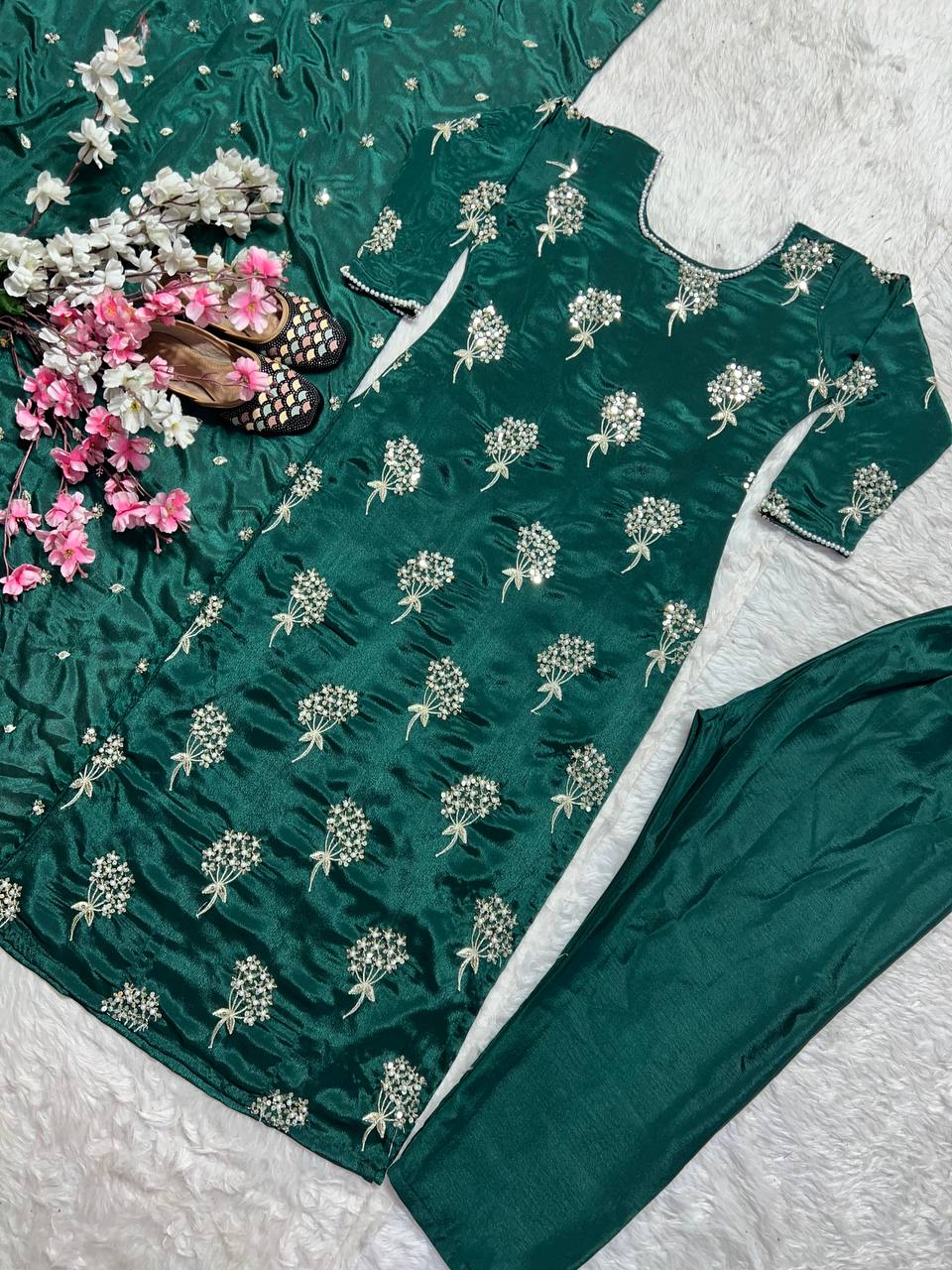 Beautiful Green Heavy Chinon Fabric With Embroidery 5mm Sequence Work Salwar Suit