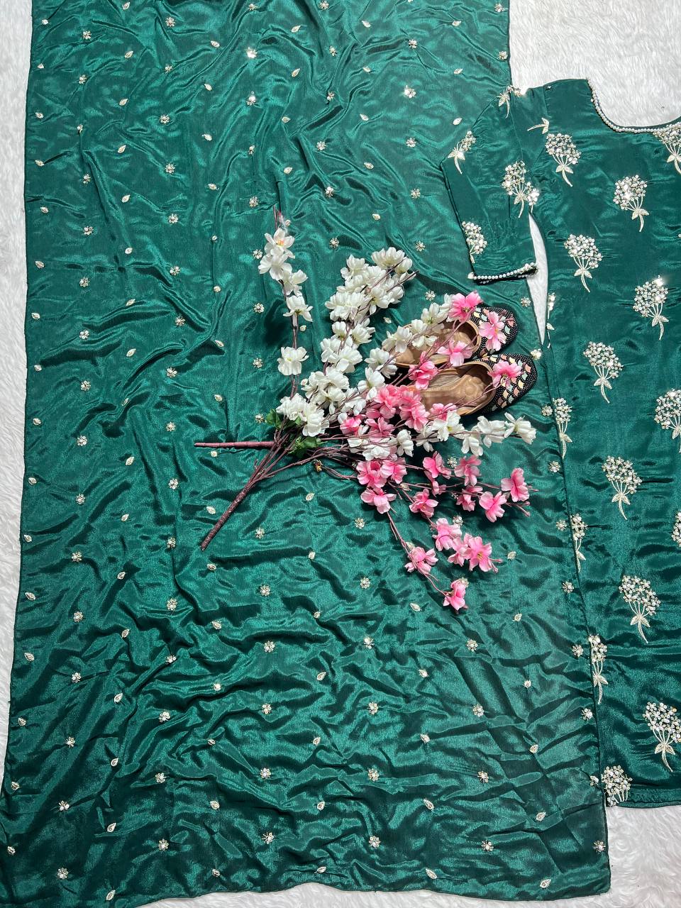 Beautiful Green Heavy Chinon Fabric With Embroidery 5mm Sequence Work Salwar Suit