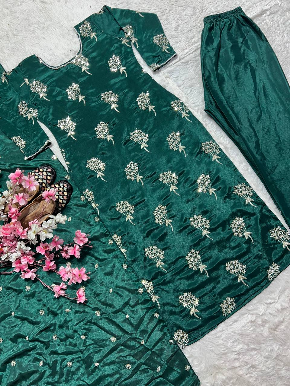 Beautiful Green Heavy Chinon Fabric With Embroidery 5mm Sequence Work Salwar Suit