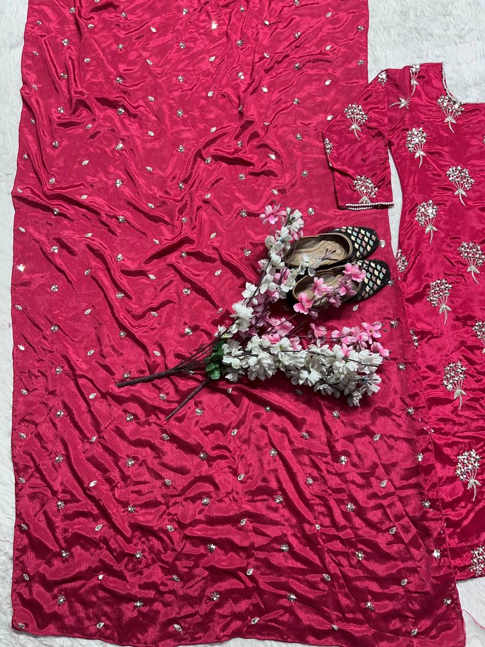 Beautiful Pink Color Heavy Chinon Fabric With Embroidery 5mm Sequence Work Salwar Suit