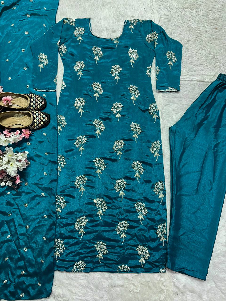 Beautiful Teal Color Heavy Chinon Fabric With Embroidery 5mm Sequence Work Salwar Suit