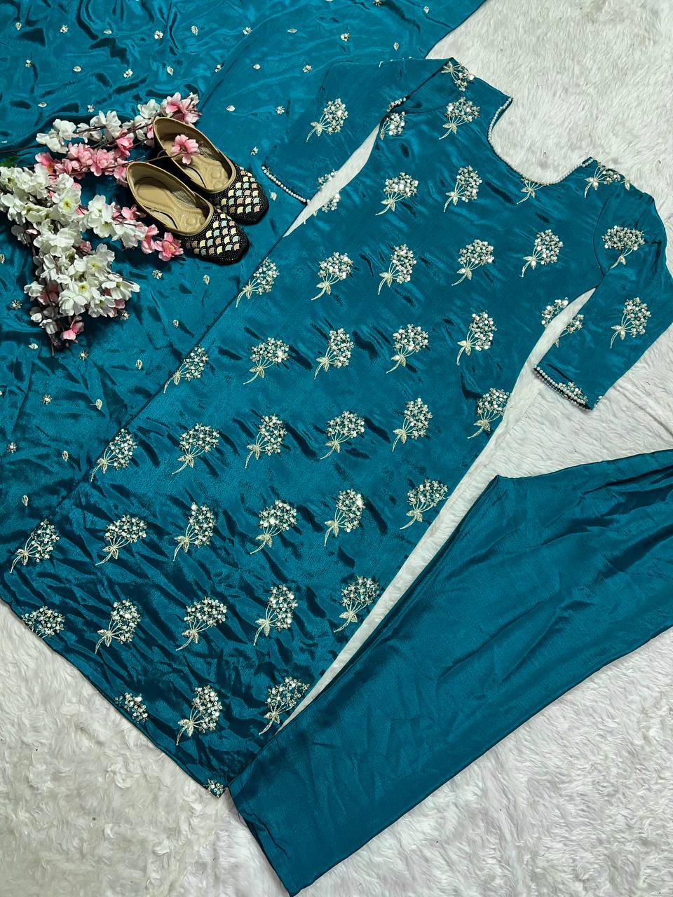 Beautiful Teal Color Heavy Chinon Fabric With Embroidery 5mm Sequence Work Salwar Suit