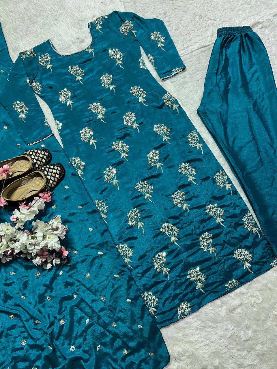 Beautiful Teal Color Heavy Chinon Fabric With Embroidery 5mm Sequence Work Salwar Suit