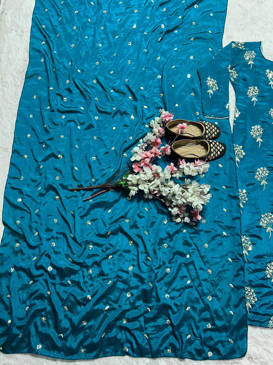 Beautiful Teal Color Heavy Chinon Fabric With Embroidery 5mm Sequence Work Salwar Suit