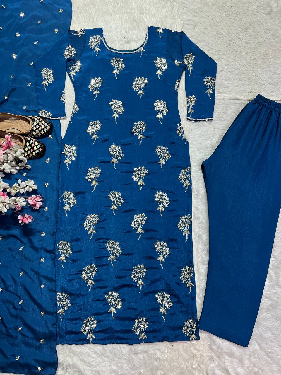 Beautiful Blue Color Heavy Chinon Fabric With Embroidery 5mm Sequence Work Salwar Suit