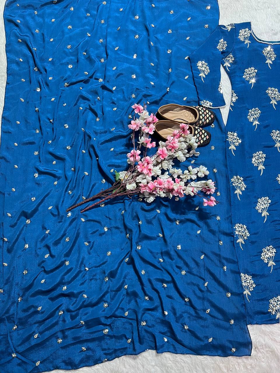 Beautiful Blue Color Heavy Chinon Fabric With Embroidery 5mm Sequence Work Salwar Suit