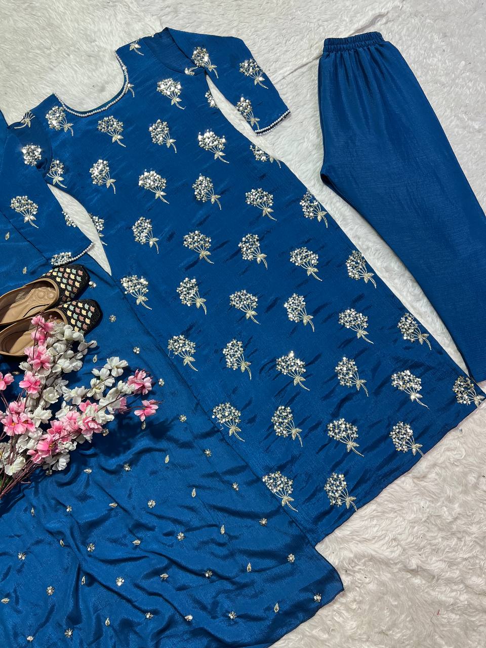 Beautiful Blue Color Heavy Chinon Fabric With Embroidery 5mm Sequence Work Salwar Suit