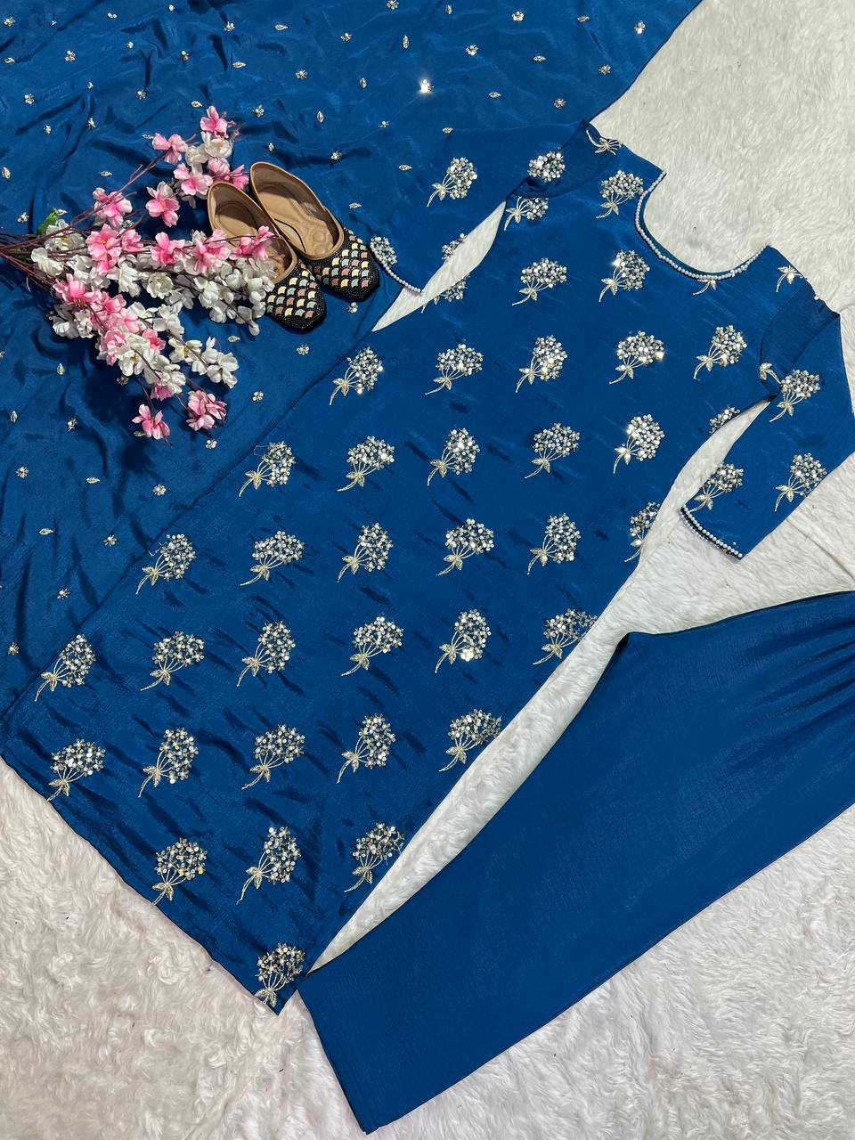 Beautiful Blue Color Heavy Chinon Fabric With Embroidery 5mm Sequence Work Salwar Suit