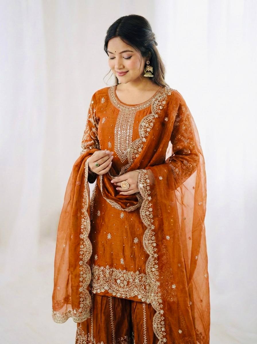 Arti Chauhan Wear Fendy Silk Orange Color Palazzo Suit Set – Vastra Shop