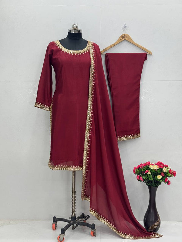 Occasion Wear Maroon Color Heavy Chinon Embroidered Sequence Work Salwar Suit