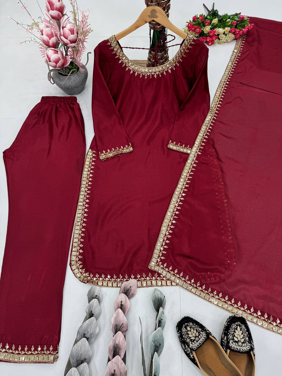 Occasion Wear Maroon Color Heavy Chinon Embroidered Sequence Work Salwar Suit