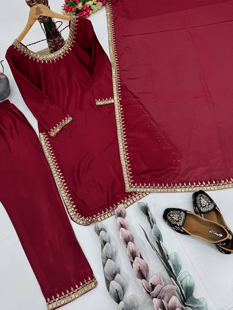 Occasion Wear Maroon Color Heavy Chinon Embroidered Sequence Work Salwar Suit