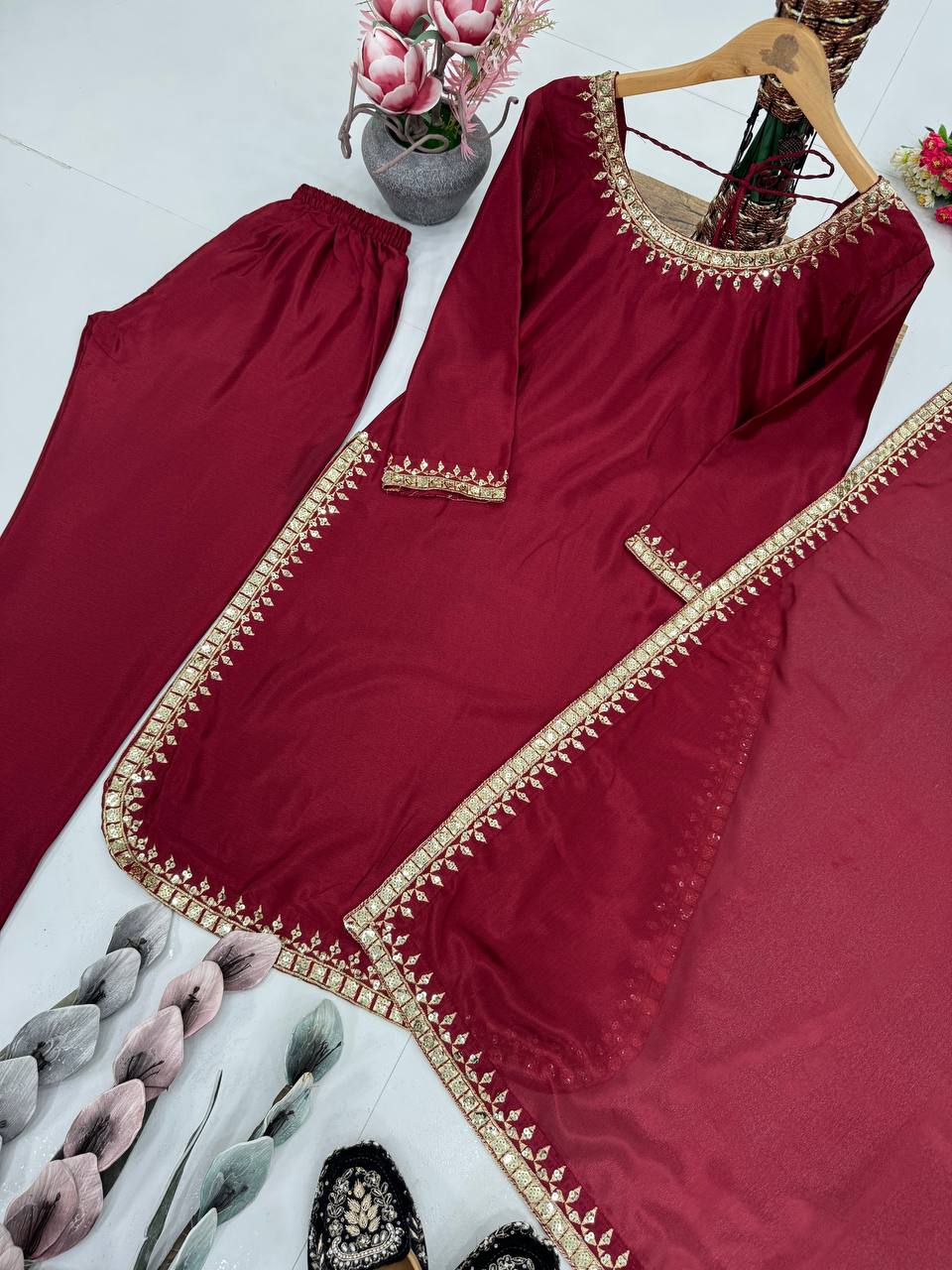 Occasion Wear Maroon Color Heavy Chinon Embroidered Sequence Work Salwar Suit