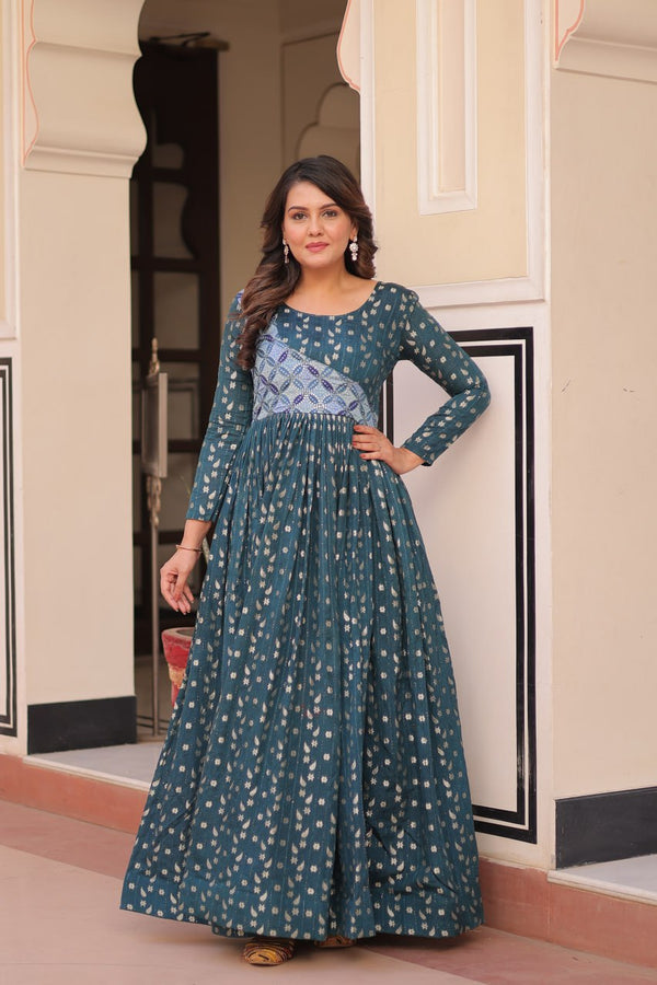 Trendy Rama Color Position Print Choli With Staple Jacquard Weaving Work Gown