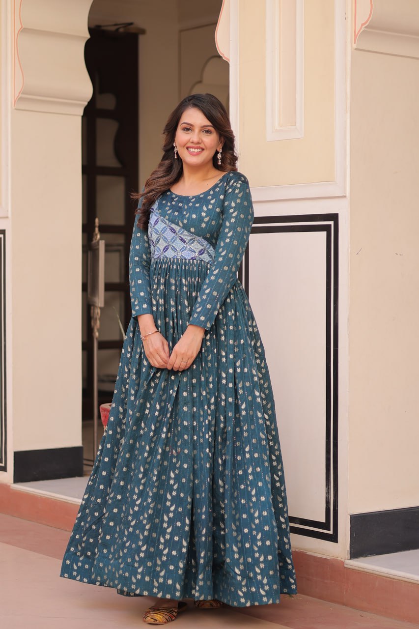Trendy Rama Color Position Print Choli With Staple Jacquard Weaving Work Gown