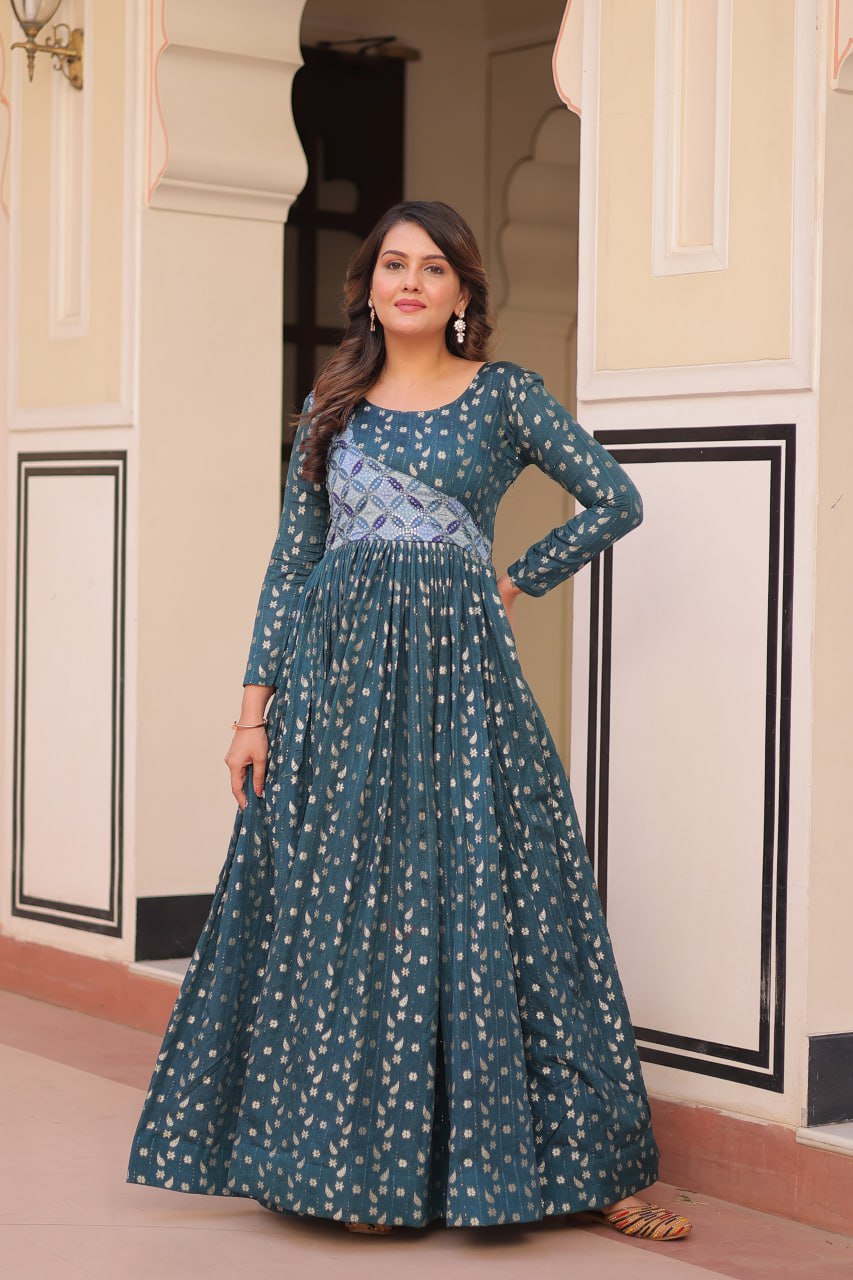 Trendy Rama Color Position Print Choli With Staple Jacquard Weaving Work Gown