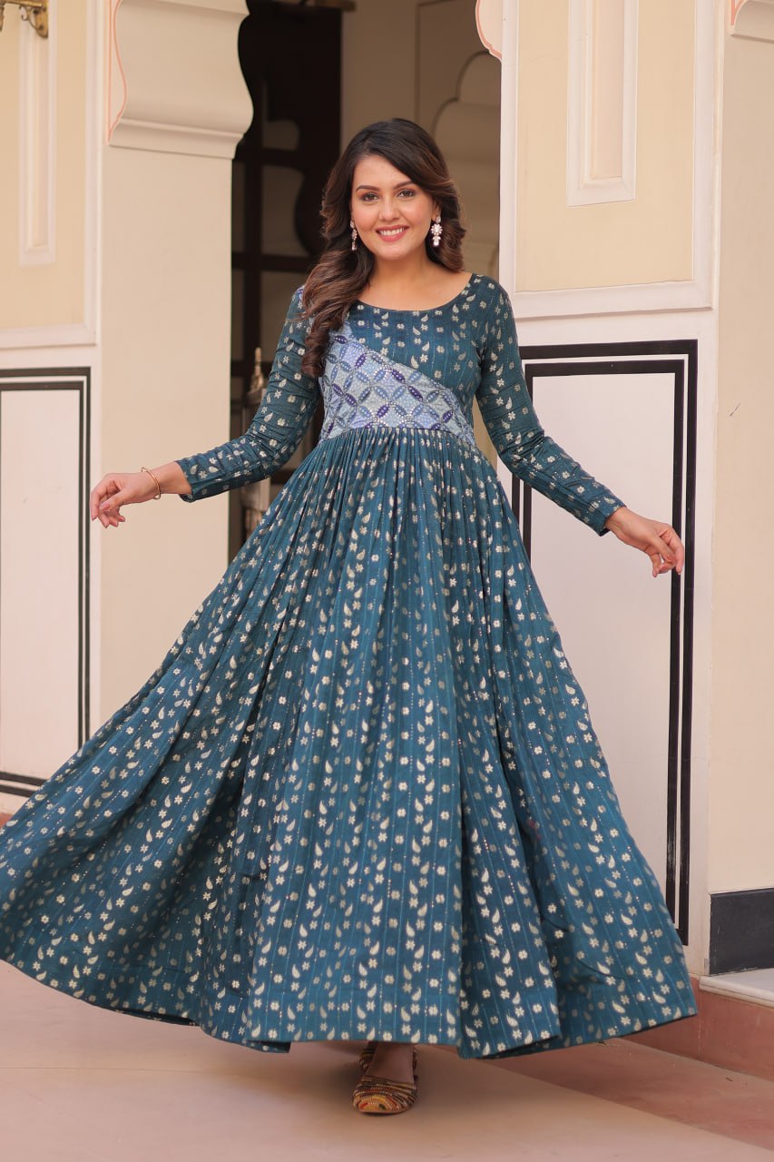 Trendy Rama Color Position Print Choli With Staple Jacquard Weaving Work Gown