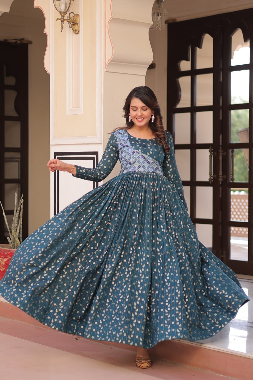 Trendy Rama Color Position Print Choli With Staple Jacquard Weaving Work Gown