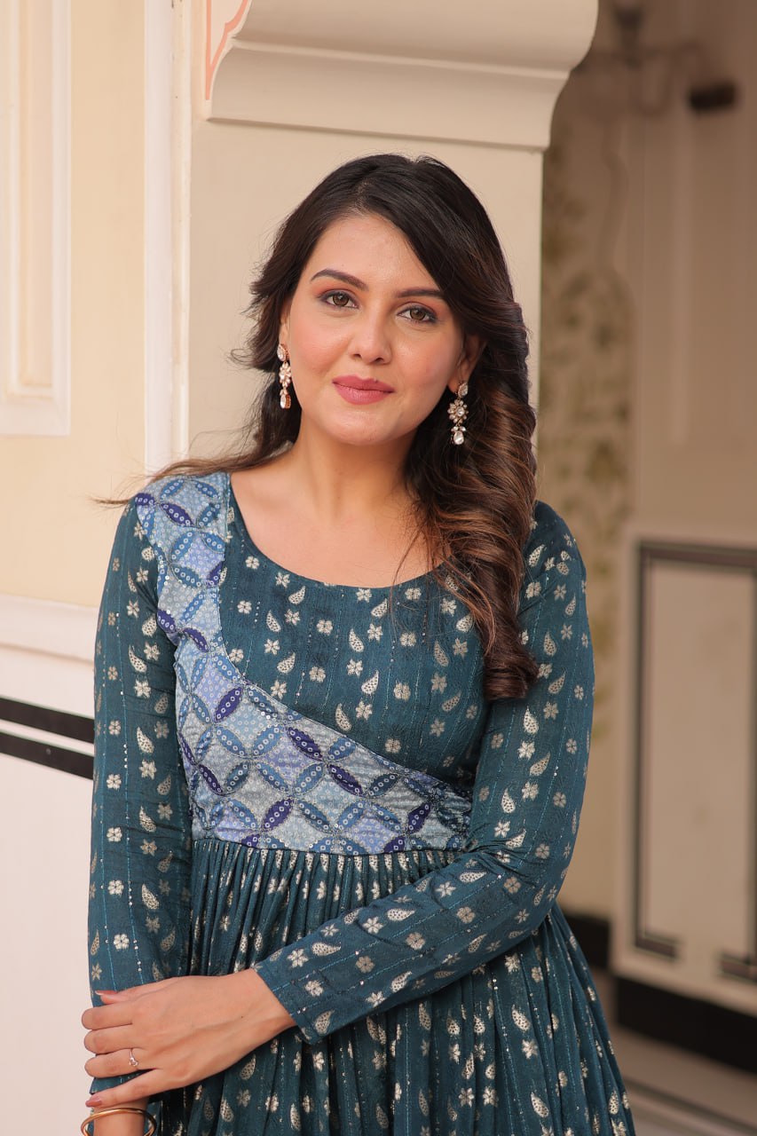 Trendy Rama Color Position Print Choli With Staple Jacquard Weaving Work Gown