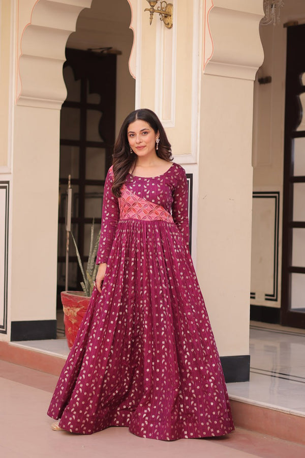Trendy Wine Color Position Print Choli With Staple Jacquard Weaving Work Gown