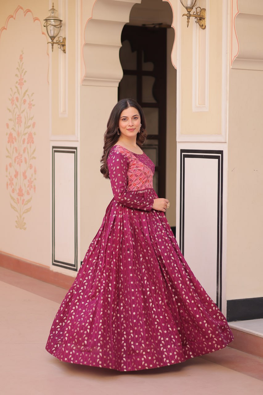 Trendy Wine Color Position Print Choli With Staple Jacquard Weaving Work Gown
