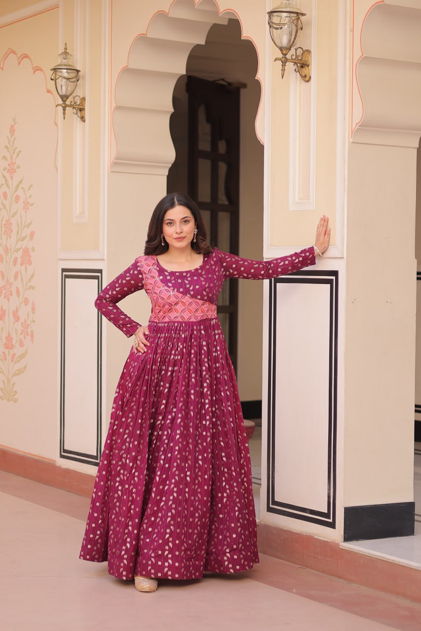Trendy Wine Color Position Print Choli With Staple Jacquard Weaving Work Gown
