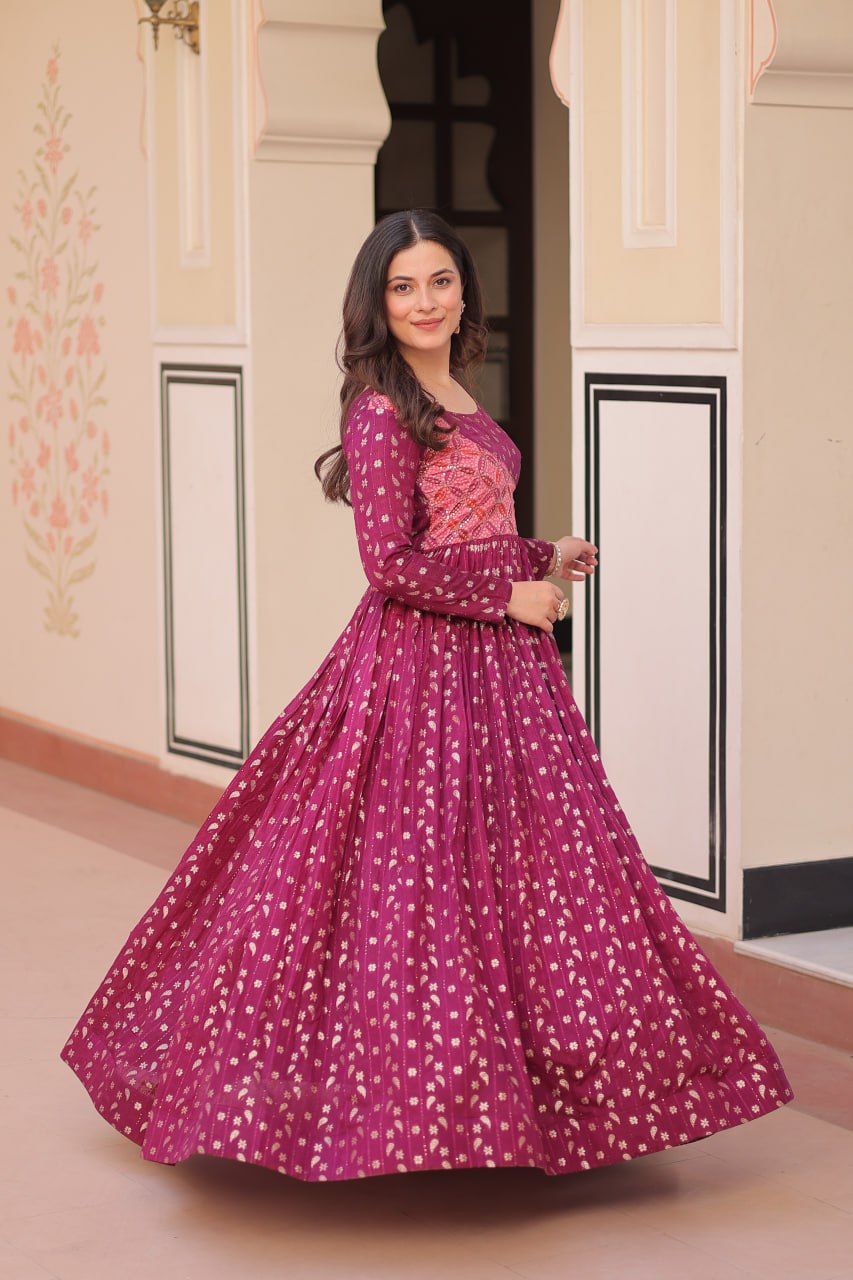 Trendy Wine Color Position Print Choli With Staple Jacquard Weaving Work Gown