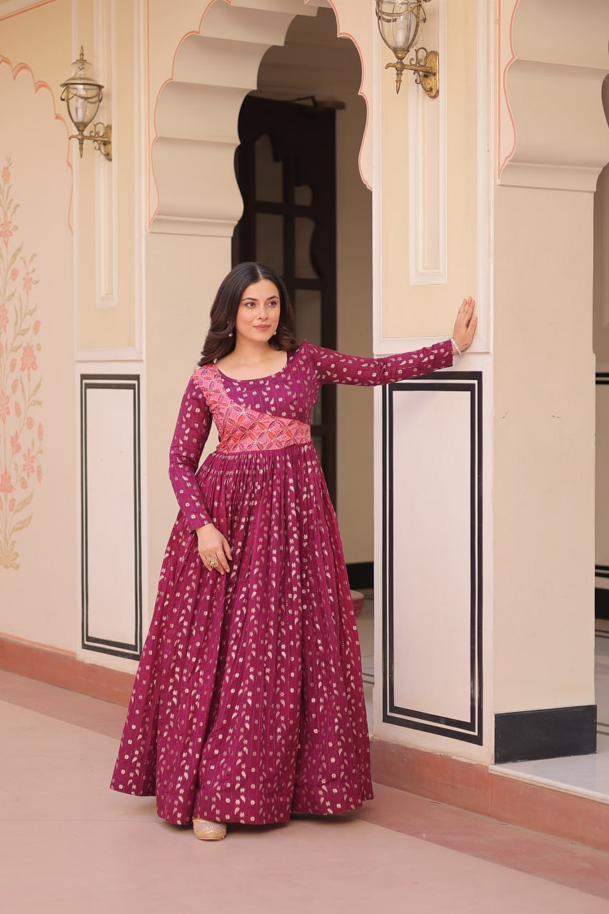 Trendy Wine Color Position Print Choli With Staple Jacquard Weaving Work Gown